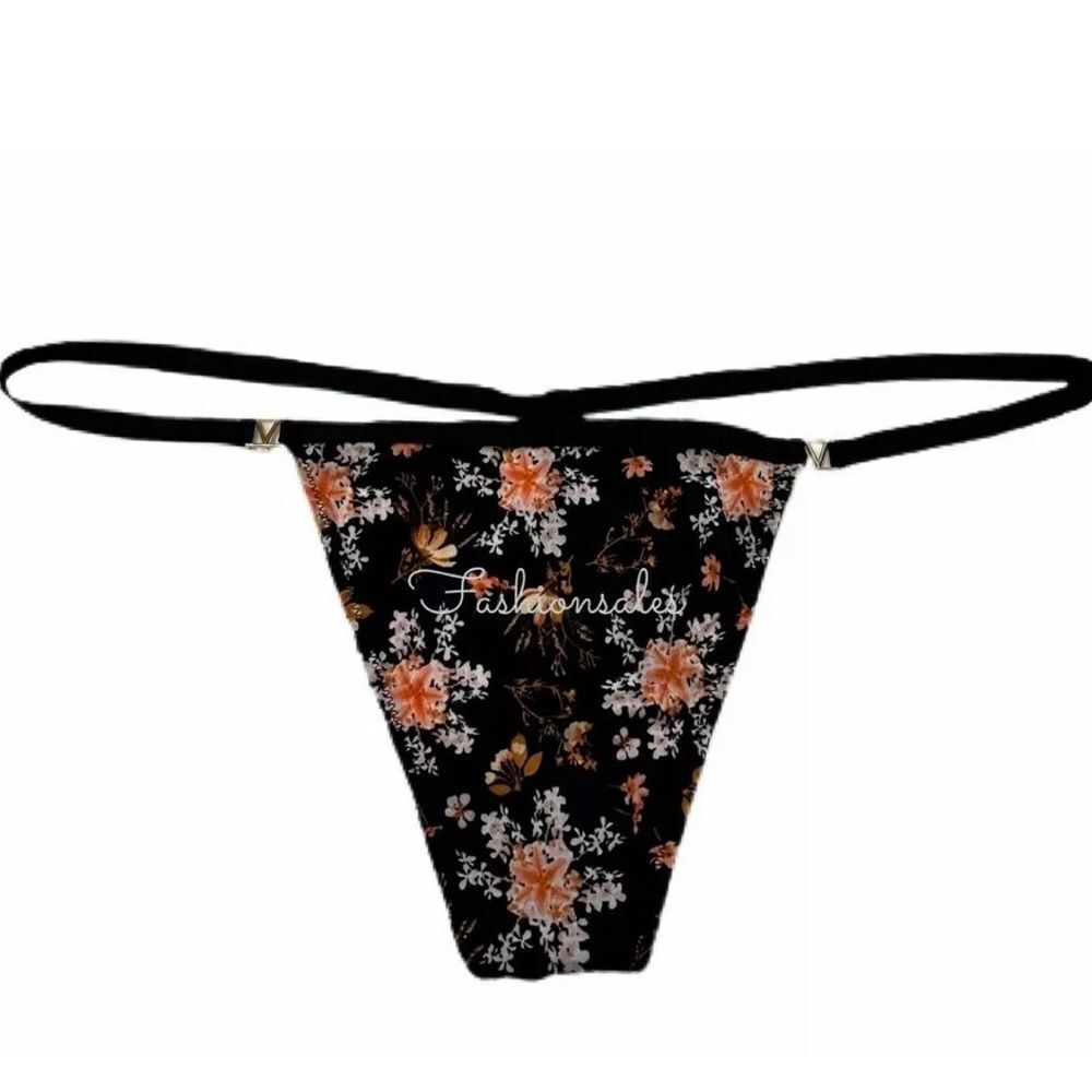 Victoria's Secret Very Sexy LOVE Smooth Satiny V string panty Black Floral L
